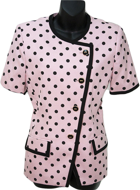 Kasper Pink Black Polka Dot Asymmetric Lined Short Sleeve Linen Blazer Sz 4 EUC