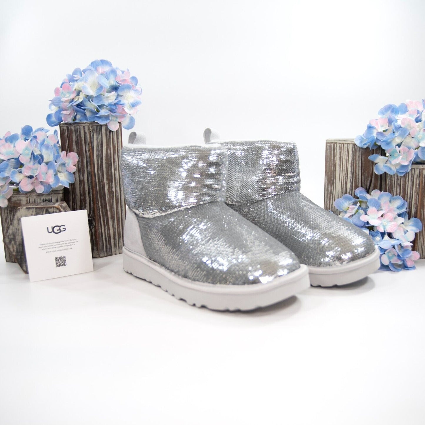 UGG Classic Mini Mirror Ball Silver Sequin Sheepskin Suede Boots Size 7 NIB