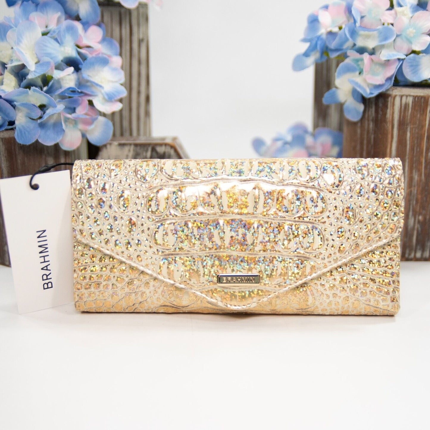 Brahmin Gold Hologram Ombre Iridescent Glitter Leather Veronica Flap Wallet NWT