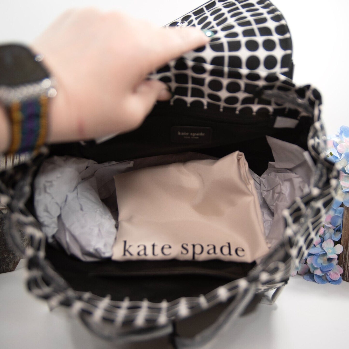 Kate Spade Noel Black White Nylon Jacquard Drawstring Large Backpack Bag NWT