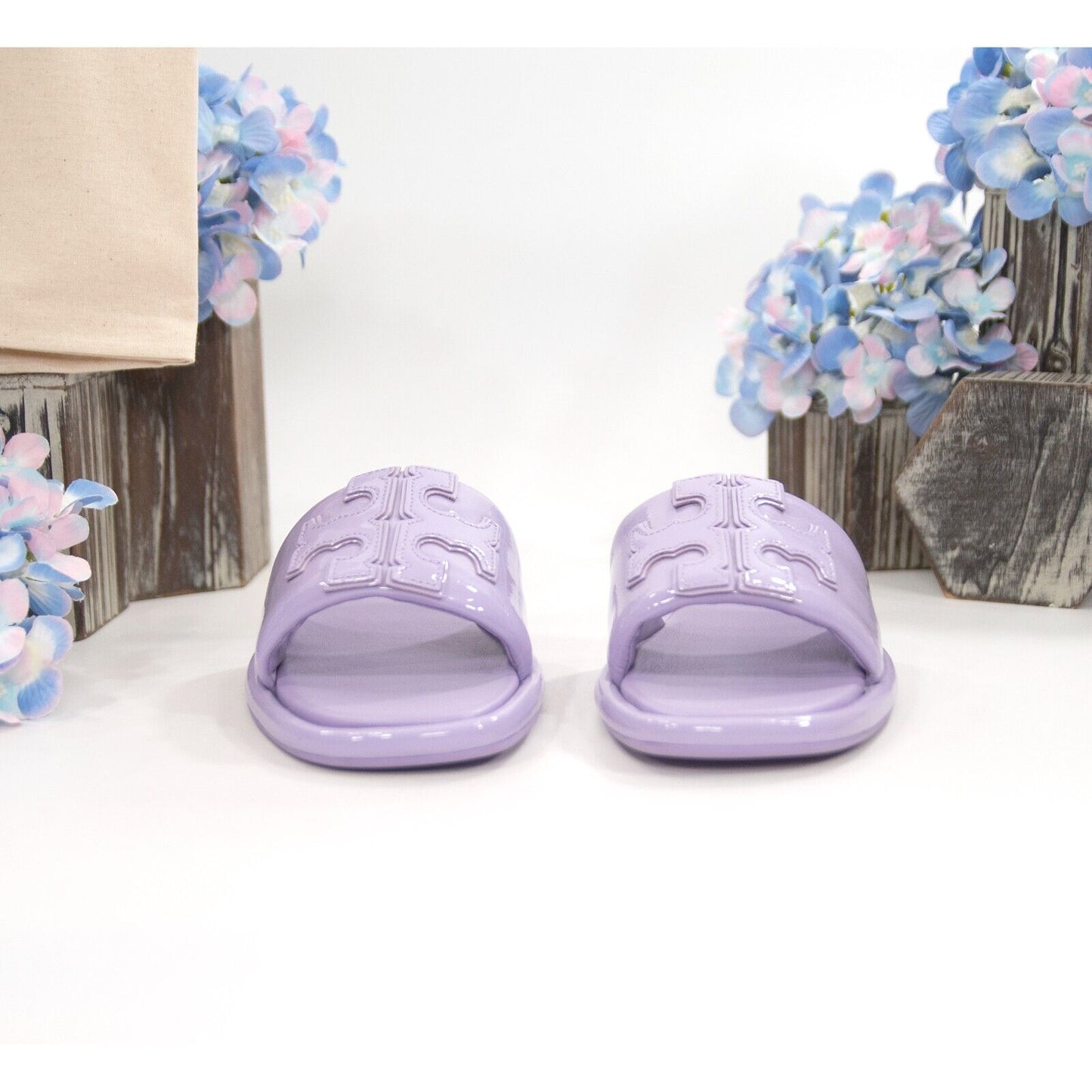 Tory Burch Lavender Cloud Patent Leather Double T Padded Sport Slide Sz 9 NIB