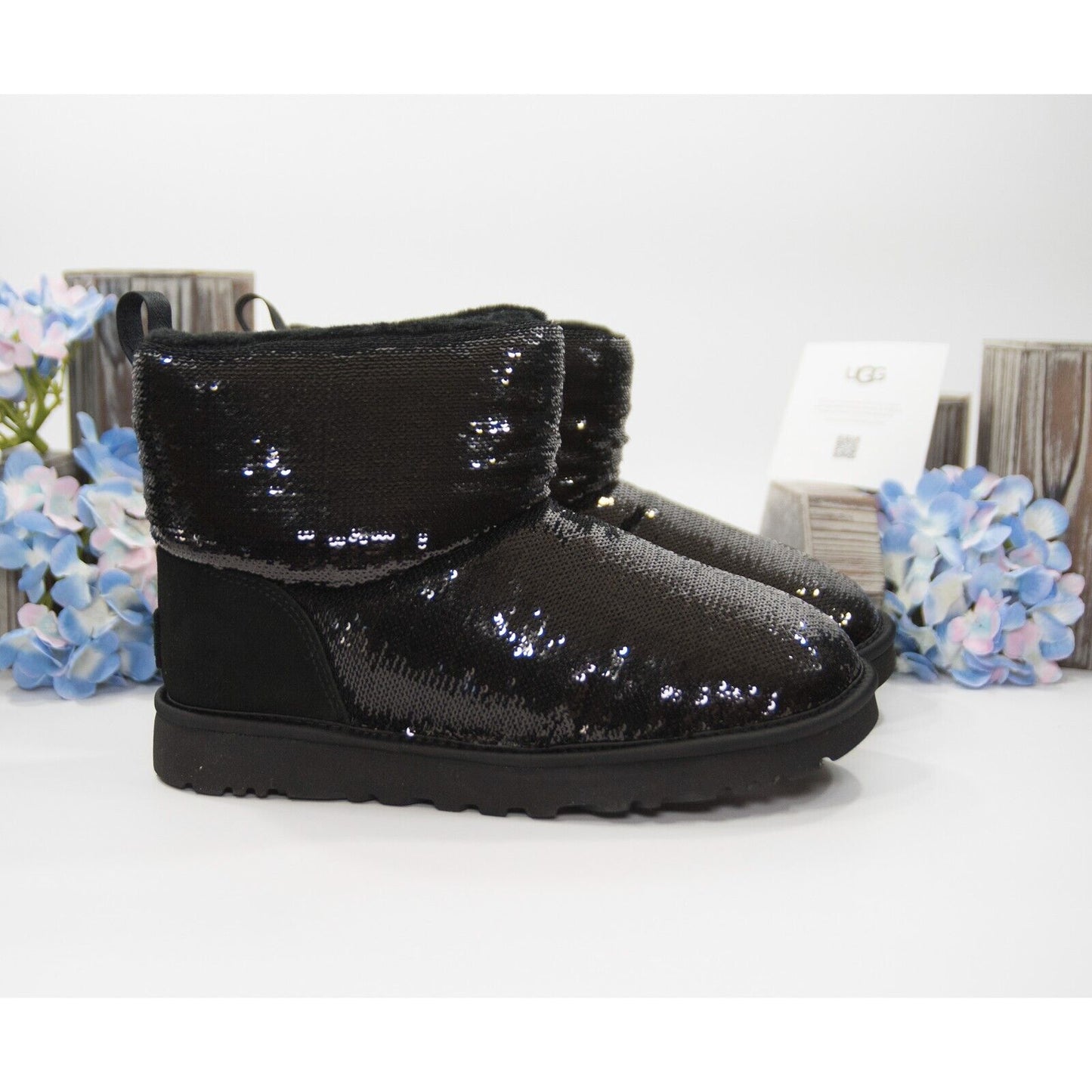 UGG Classic Mini Mirror Ball Black Sequin Sheepskin Suede Boots Size 7 NWB