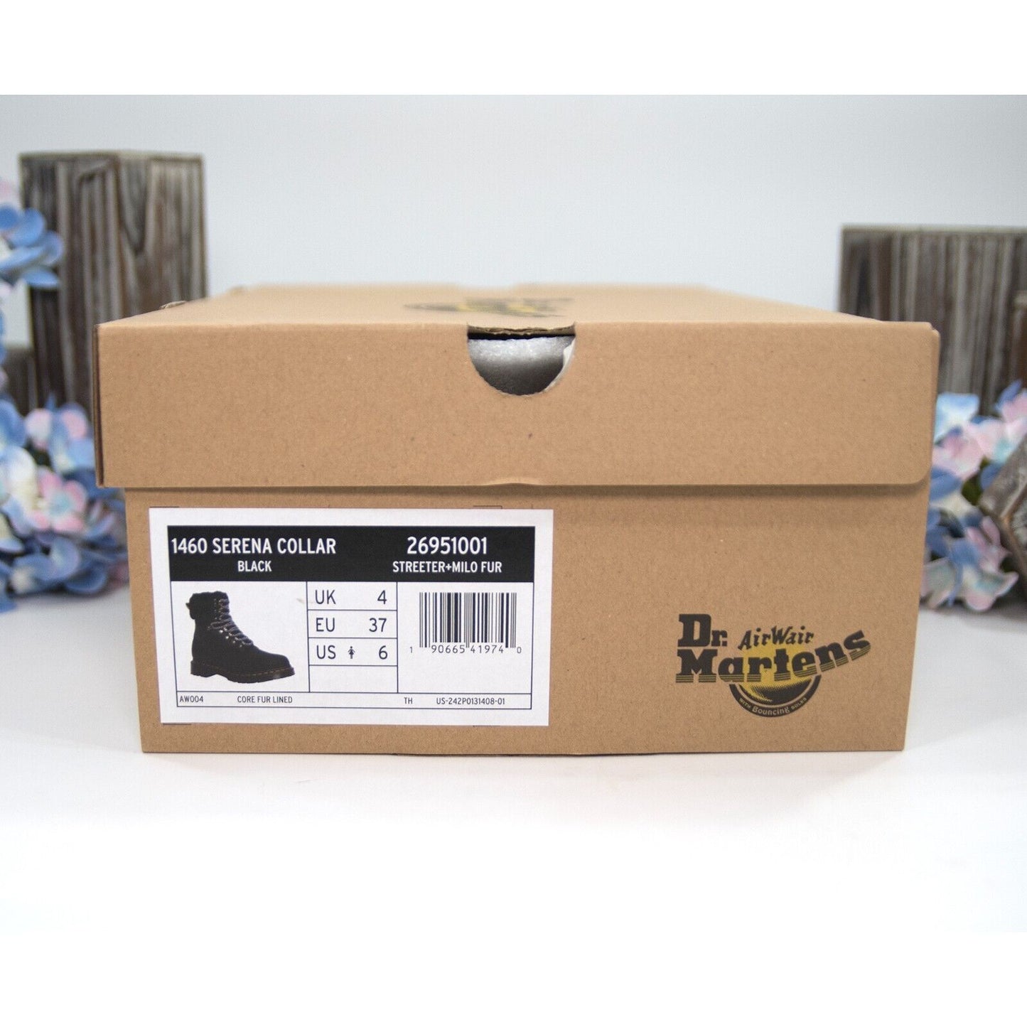 Dr. Martens 1460 Serena Streeter Faux Fur Collar Black Leather Boots Size 6 NIB