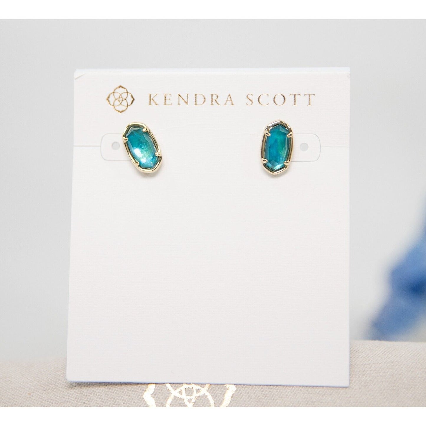 Kendra Scott Grayson Teal Green Mother of Pearl Gold Plated Stud Earrings NWT