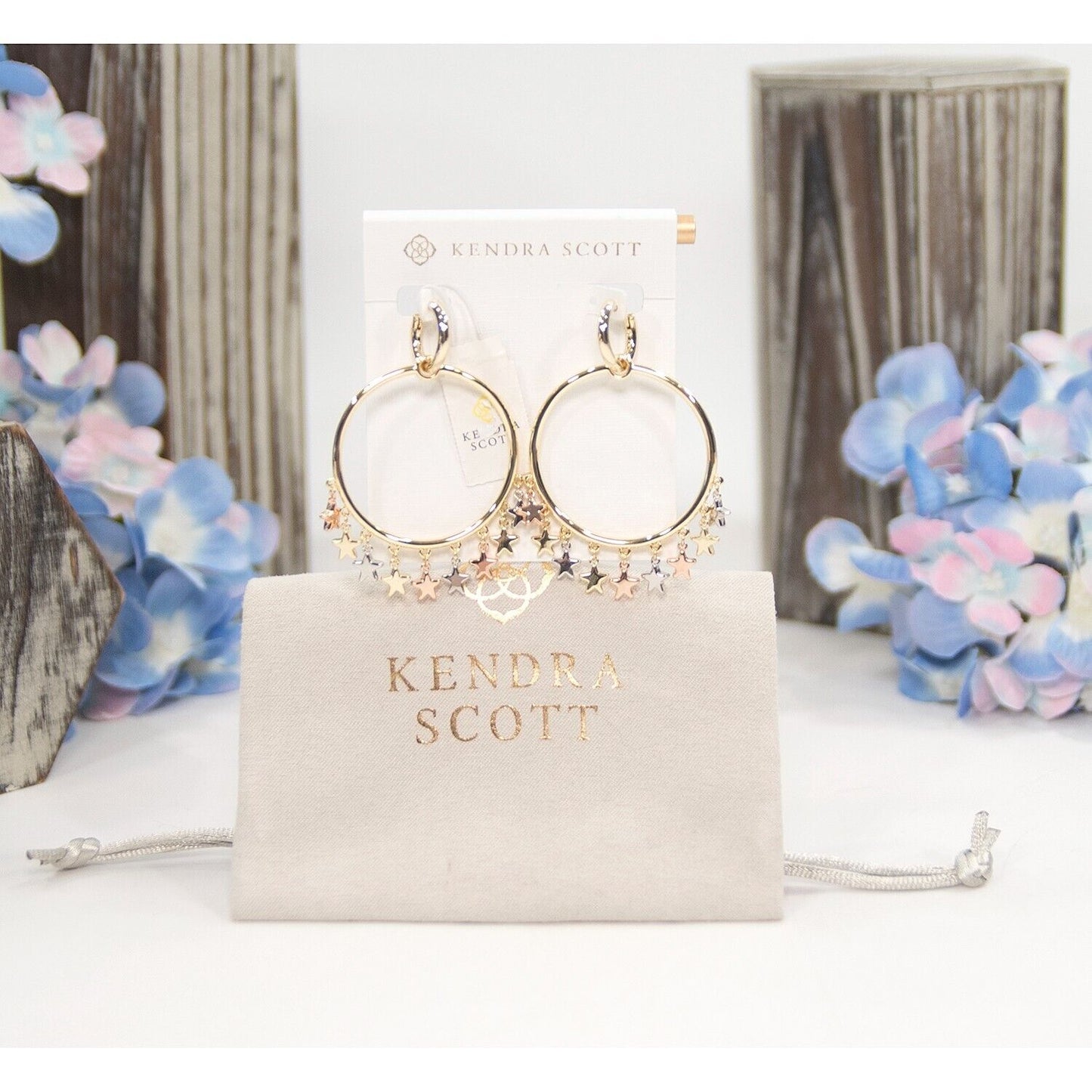 Kendra Scott Sloan Silver Rose Gold Plated Star Statement Hoop Earrings NWT