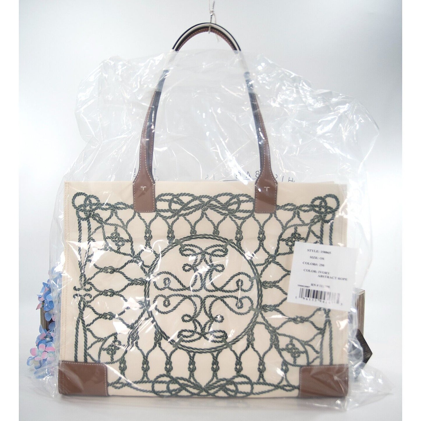 Tory Burch Ella Ivory Abstract Rope Print Nylon Leather Large Tote Bag NWT