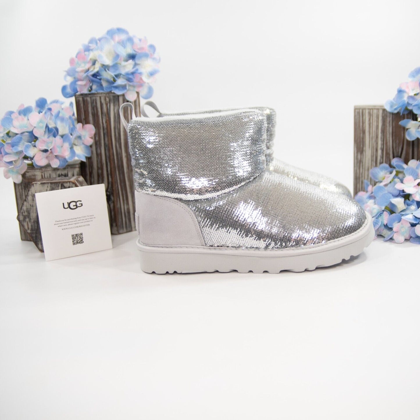 UGG Classic Mini Mirror Ball Silver Sequin Sheepskin Suede Boots Size 6 NIB