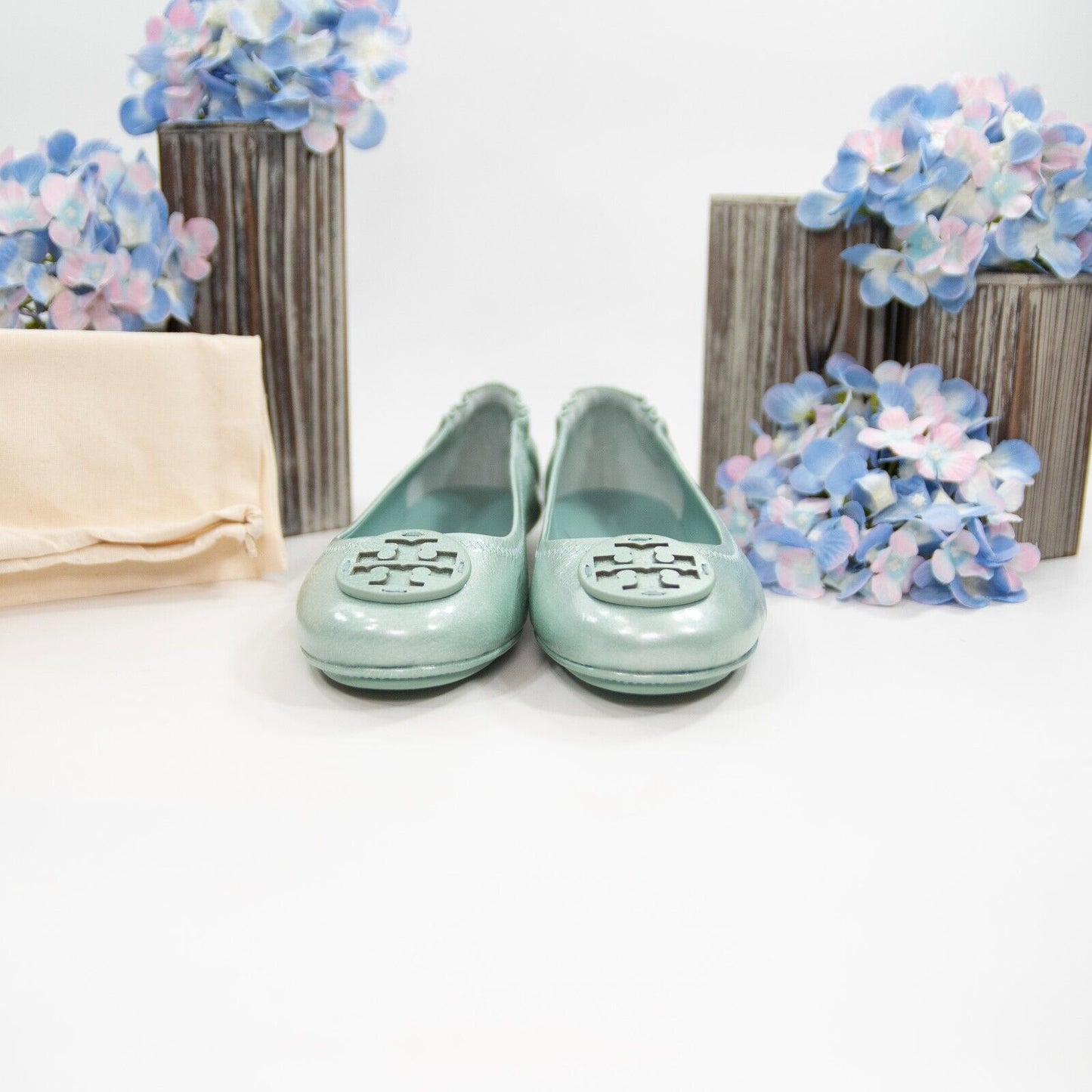 Tory Burch Audrey Blue Crinkle Leather Minnie Travel Ballet Flats 7 NIB