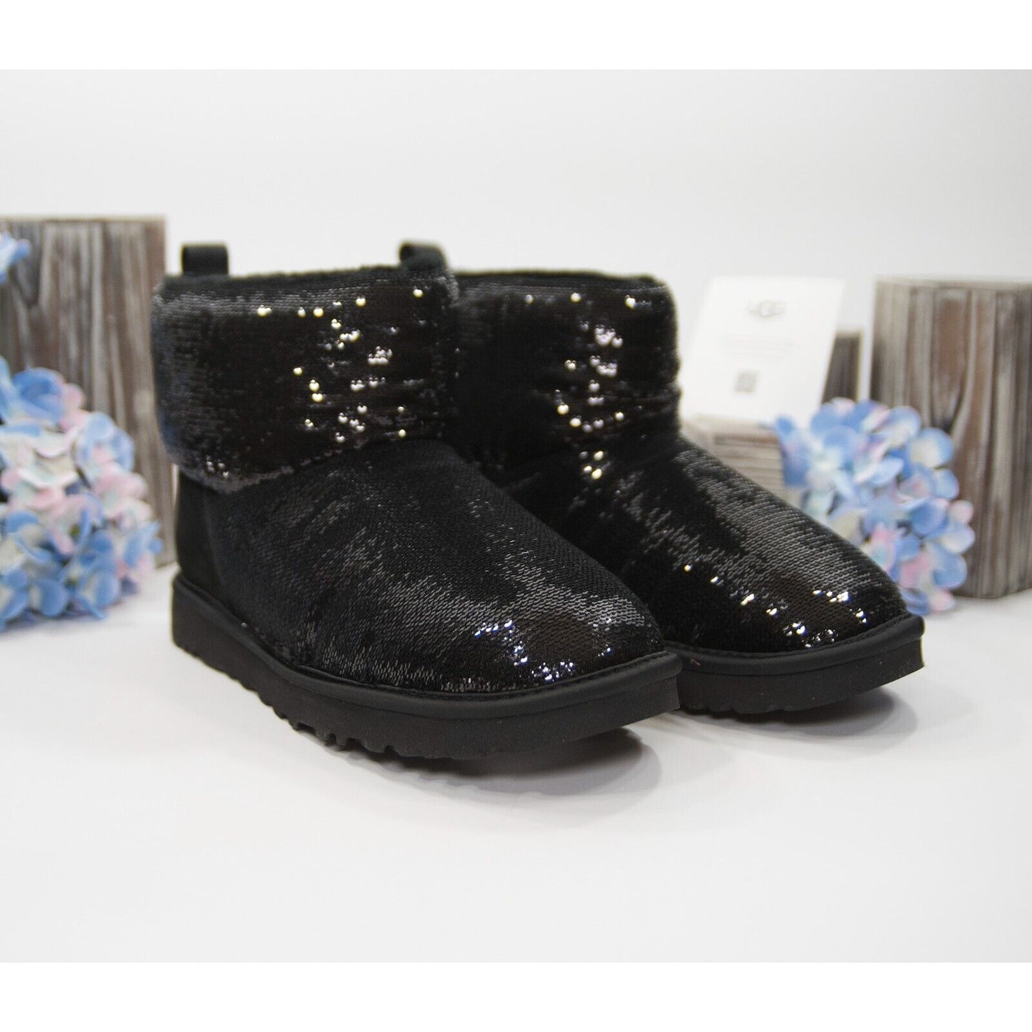 UGG Classic Mini Mirror Ball Black Sequin Sheepskin Suede Boots Size 7 NWB