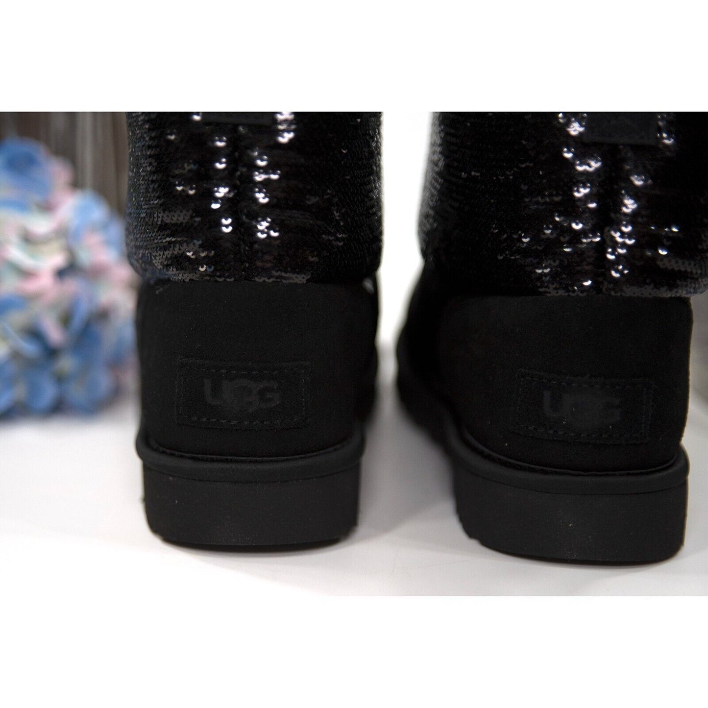 UGG Classic Mini Mirror Ball Black Sequin Sheepskin Suede Boots Size 6 NIB