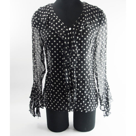 Carlo Colucci Silk Black Ruffle Tuxedo Polka Dot Blouse 38 Made in Italy RT $395