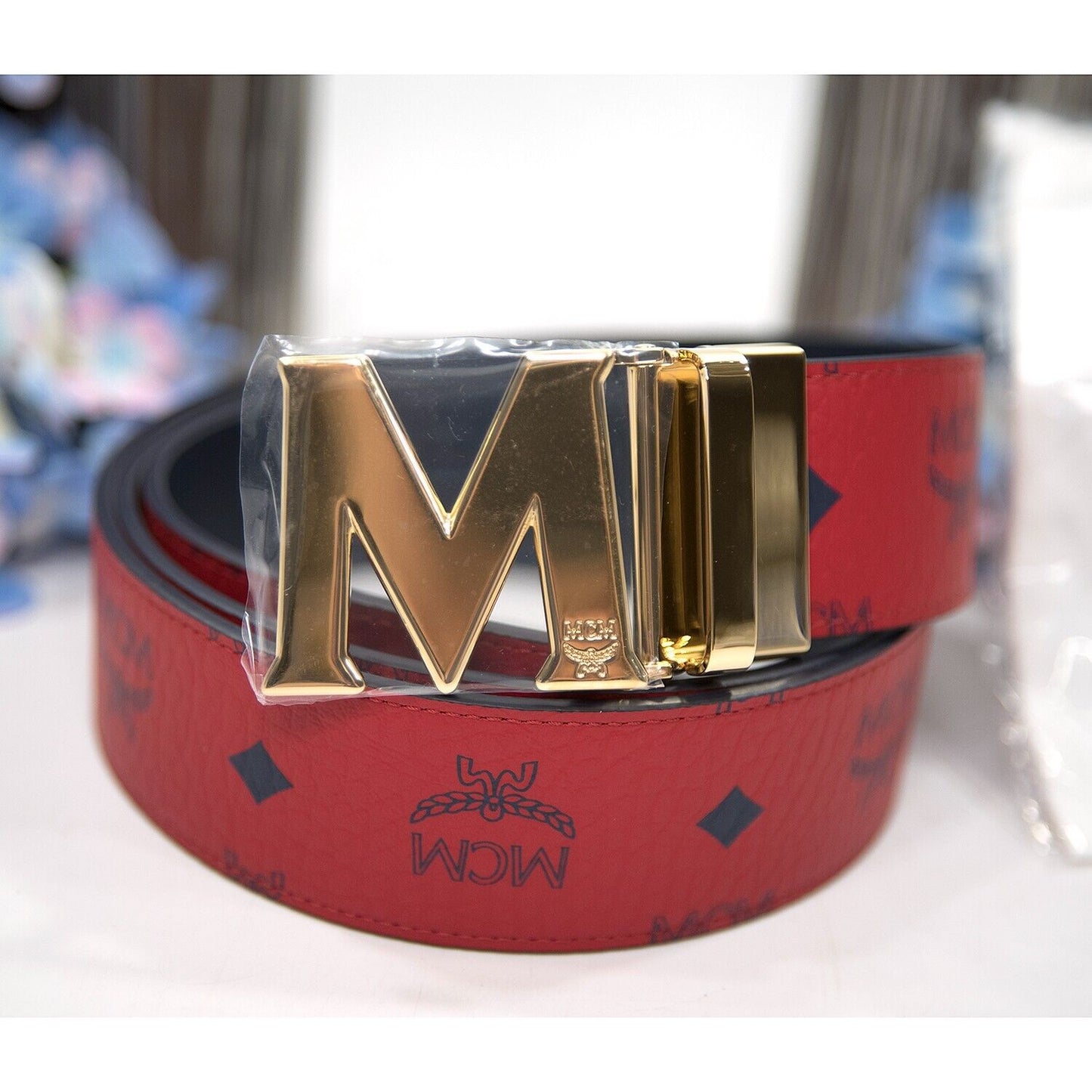 MCM Candy Red Navy Visetos Leather Claus Gold Plated Buckle Reversible Belt NWT