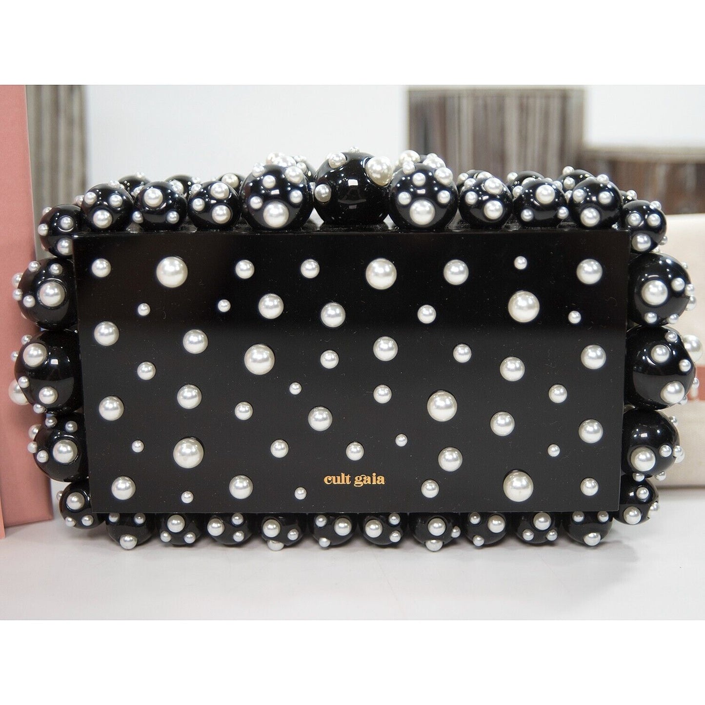 Cult Gaia Black Pearl Eos Bubble Acrylic Clutch Box Bag NWT