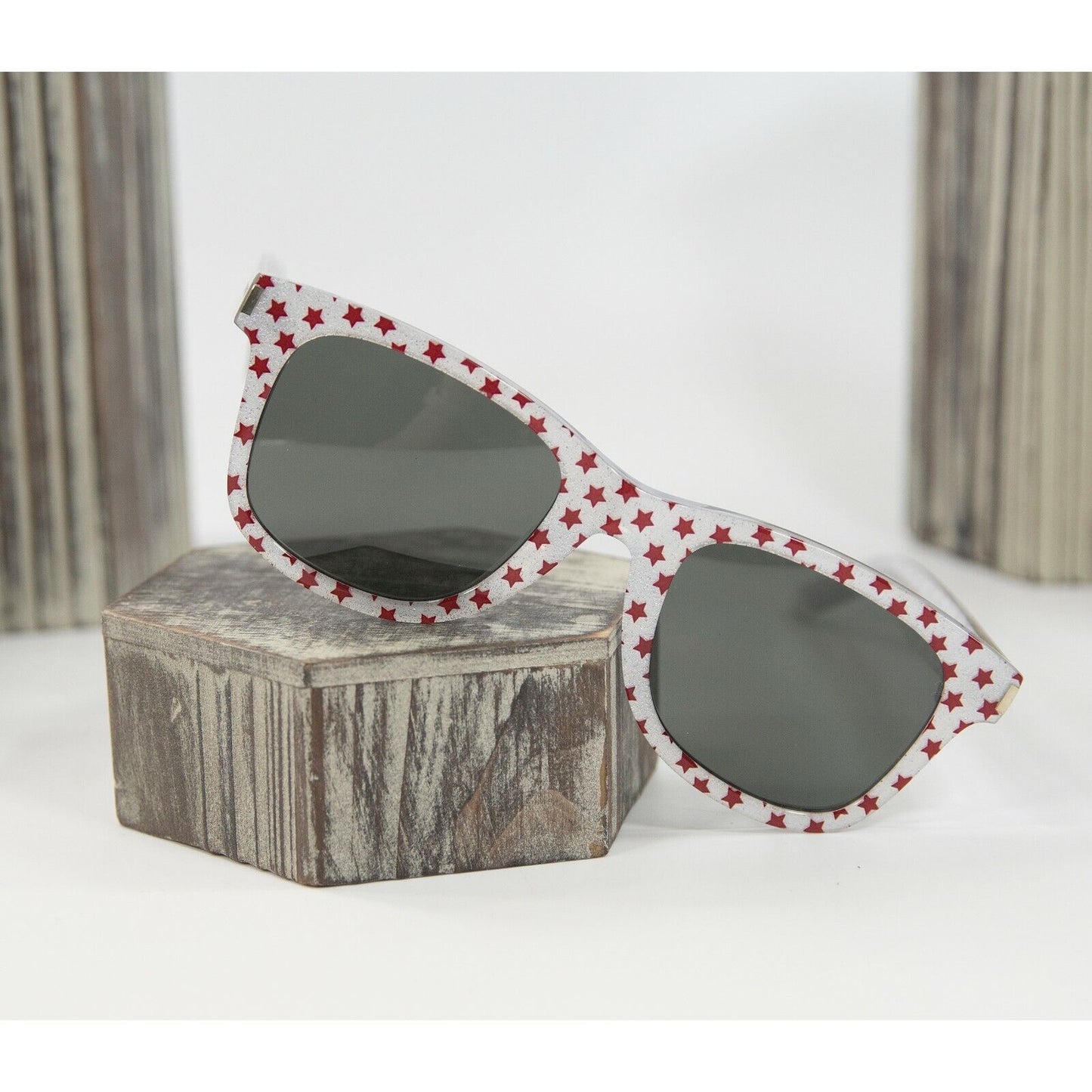 Saint Laurent Red Stars Silver Glitter Logo Acrylic Square Sunglasses NWT Case