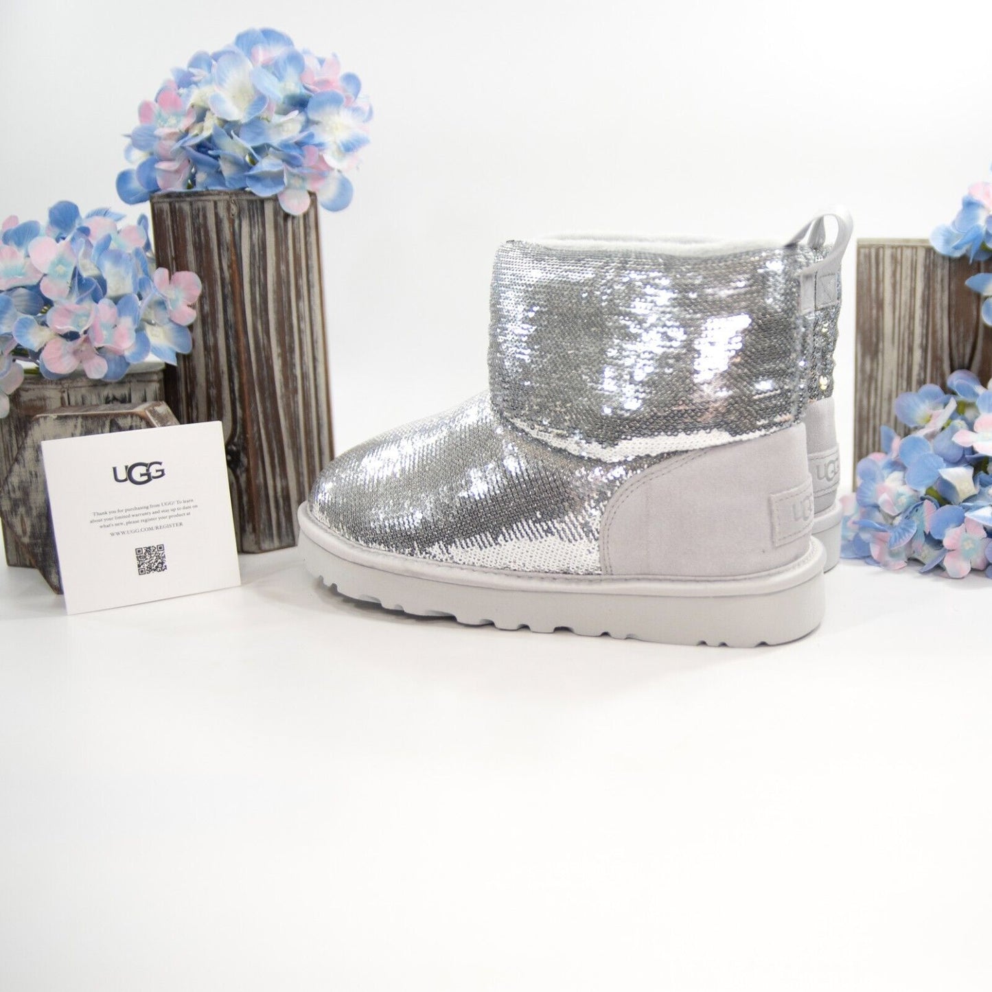 UGG Classic Mini Mirror Ball Silver Sequin Sheepskin Suede Boots Size 7 NIB