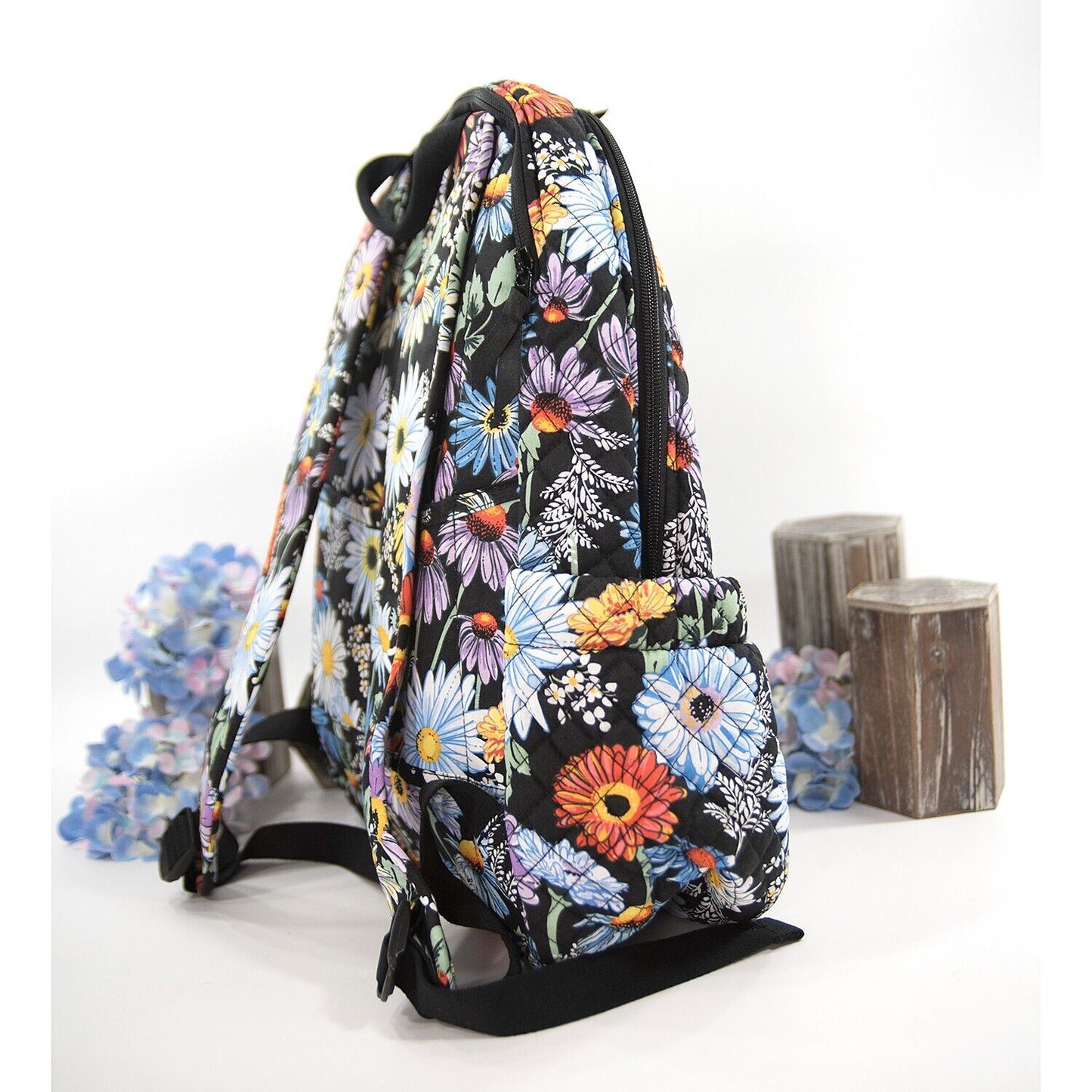 Vera Bradley Black Daisies Quilteed Cotton Campus Large Backpack Bag NWT