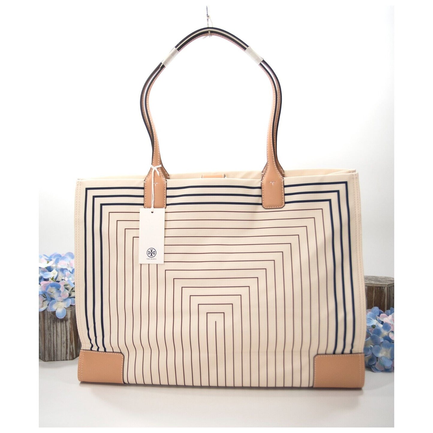 Tory Burch Ella Box Stripe Print Nylon Natural Leather Large Tote Bag NWT