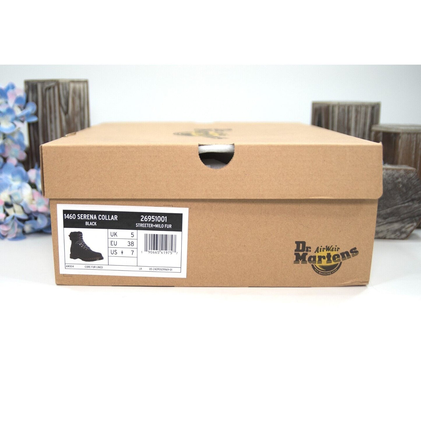 Dr. Martens 1460 Serena Streeter Faux Fur Collar Black Leather Boots Size 7 NIB