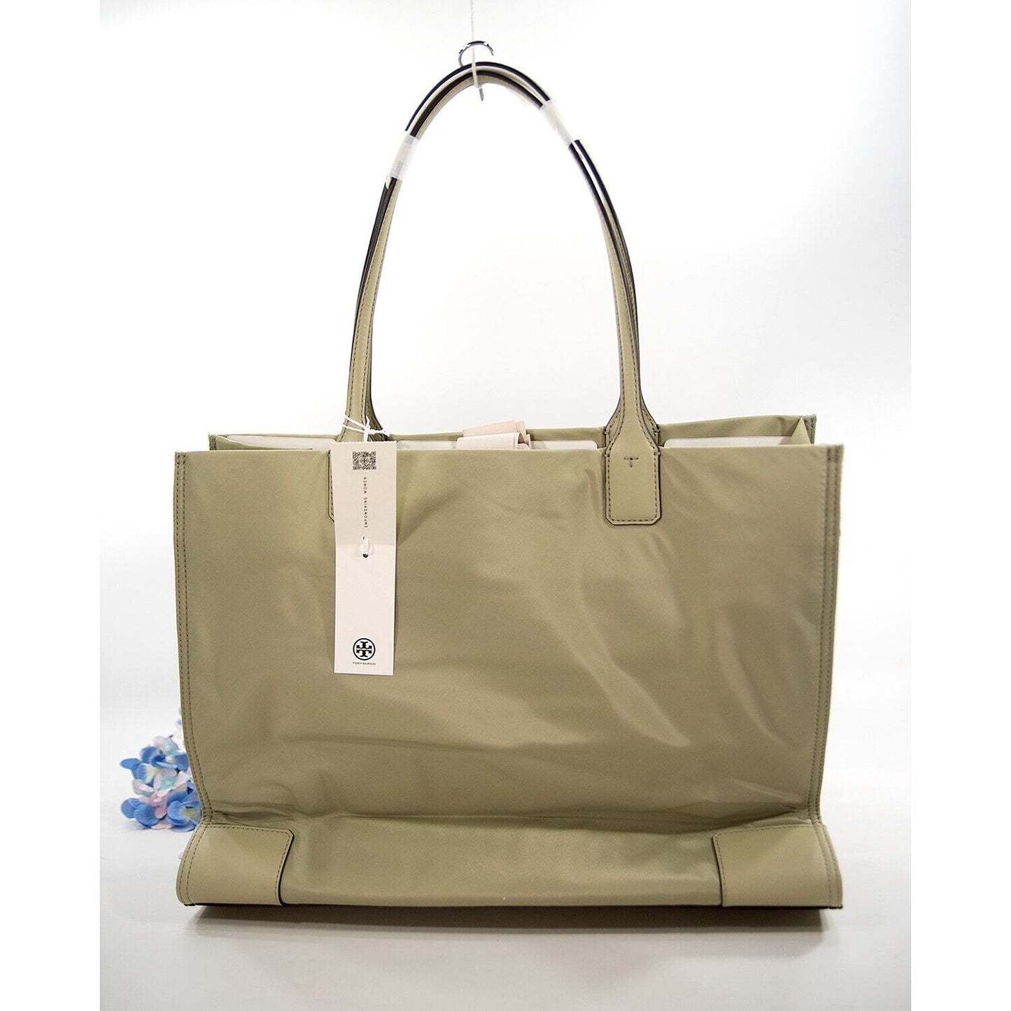 Tory Burch Ella Olive Sprig Nylon Natural Leather Large Tote Bag NWT