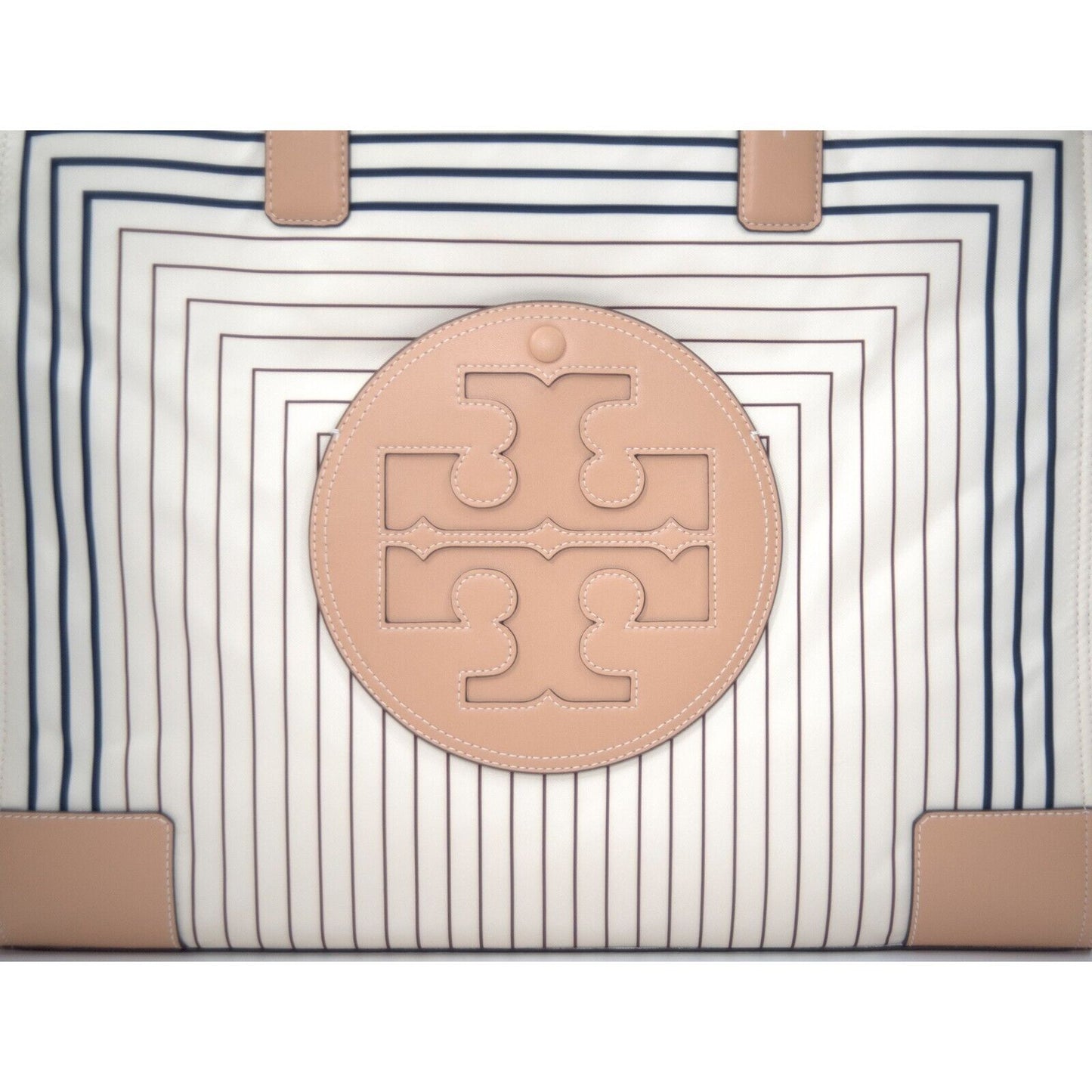 Tory Burch Ella Box Stripe Print Nylon Natural Leather Large Tote Bag NWT