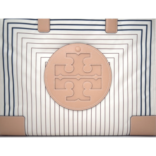 Tory Burch Ella Box Stripe Print Nylon Natural Leather Large Tote Bag NWT