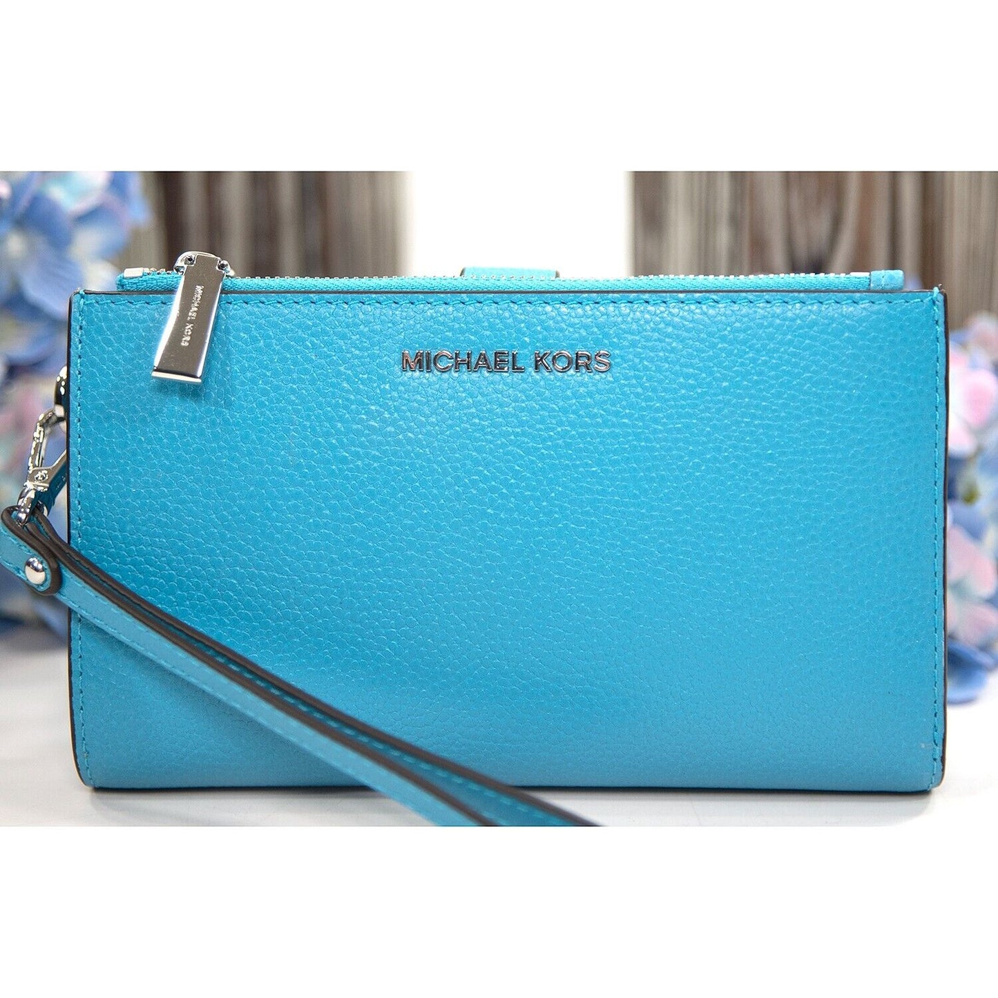 Michael Kors Santorini Blue Leather Adele Logo Double Zip Phone Wristlet NWT