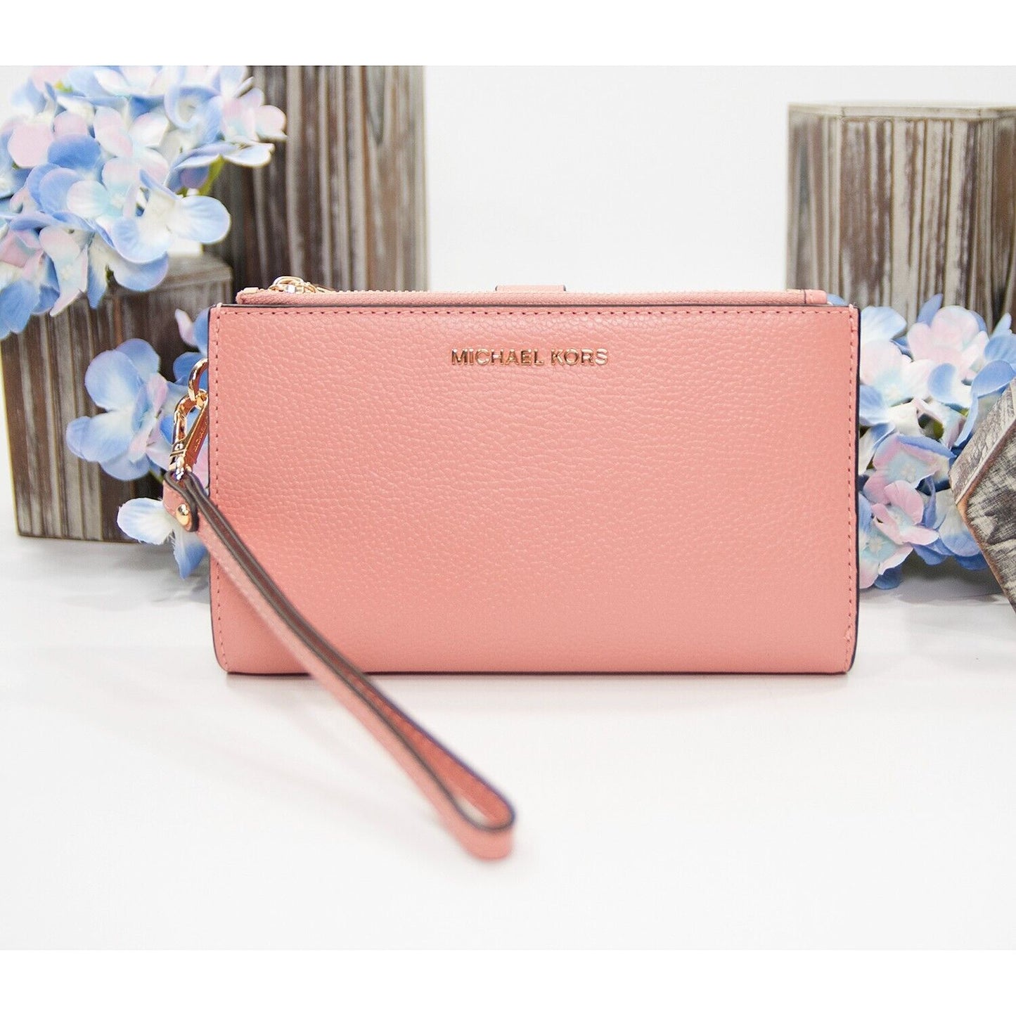 Michael Kors Sunset Rose Leather Logo Double Zip Phone Wristlet NWT