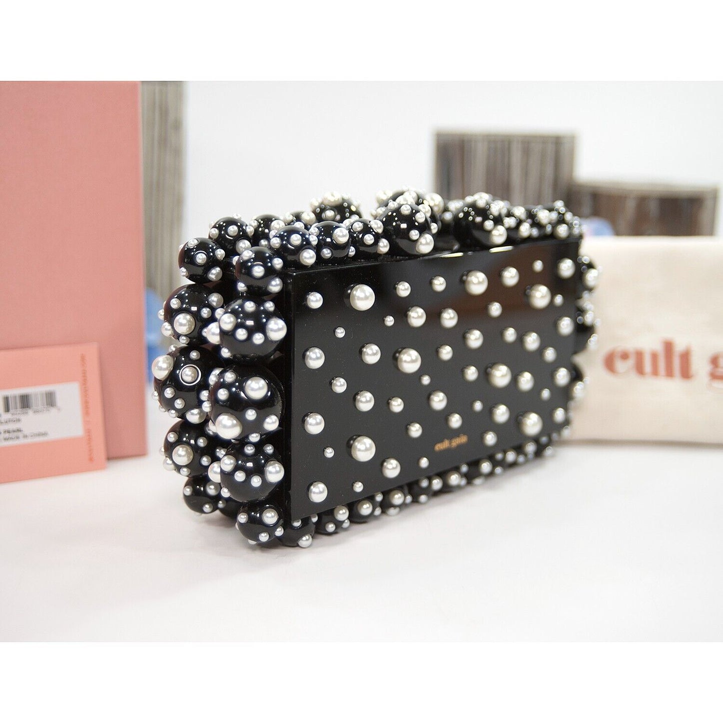 Cult Gaia Black Pearl Eos Bubble Acrylic Clutch Box Bag NWT