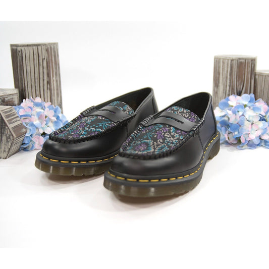 Dr. Martens Penton Black Leather Rich Purple Floral Loafer Oxford Shoes 9 NIB