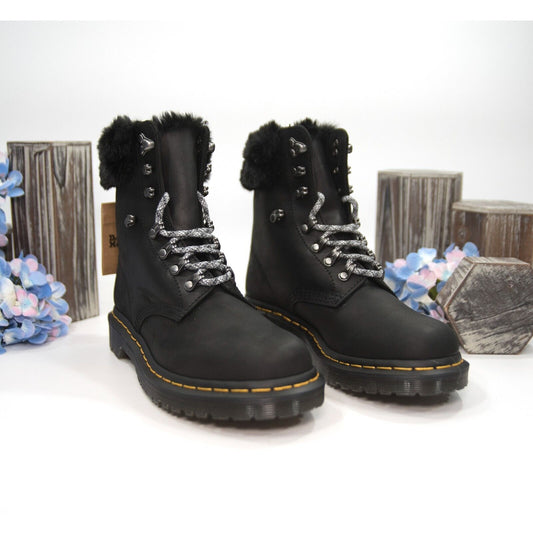 Dr. Martens 1460 Serena Streeter Faux Fur Collar Black Leather Boots Size 7 NIB