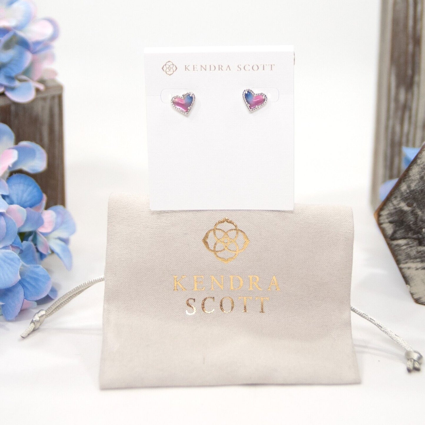 Kendra Scott Ari Ombre Illusion Heart Rhodium Plated Statement Stud Earrings NWT