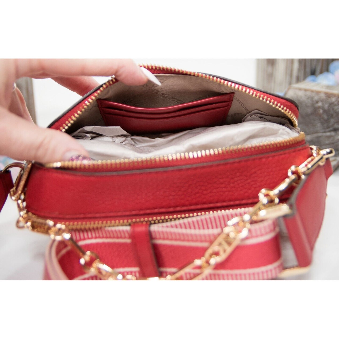 Michael Kors Red Leather Jet Set Small Double Zip Chain Camera Crossbody Bag NWT