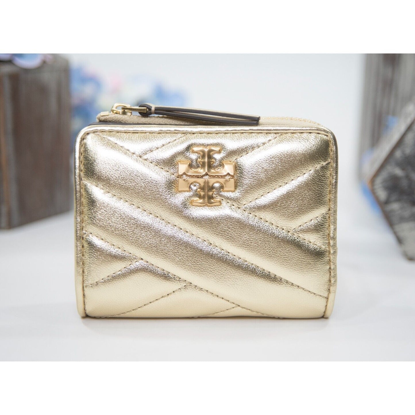 Tory Burch Gold Metallic Kira Quilted Napa Leather Bifold Compact Wallet NWT