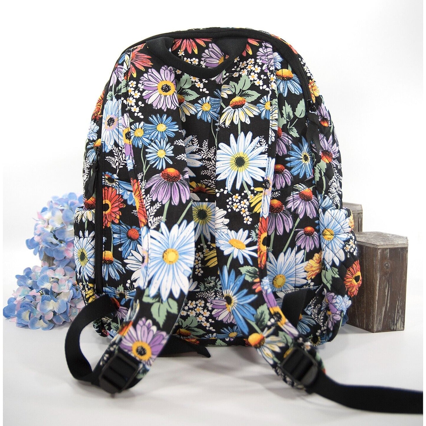 Vera Bradley Black Daisies Quilteed Cotton Campus Large Backpack Bag NWT