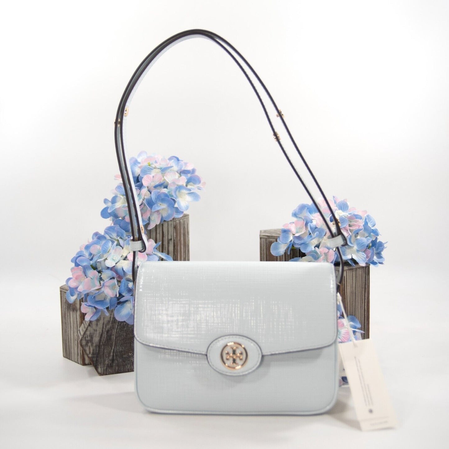 Tory Burch Robinson Crosshatched Ice Blue Leather Shoulder Satchel Bag NWT