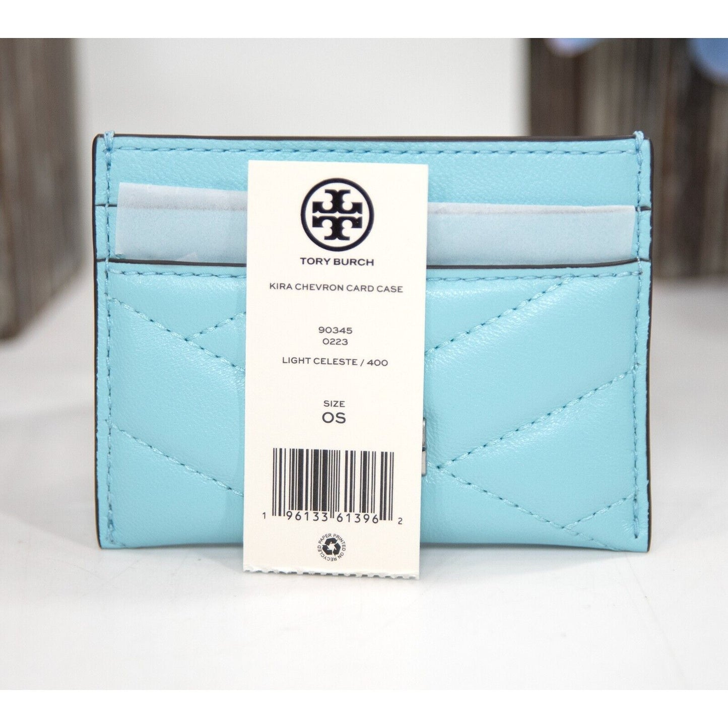 Tory Burch Light Celeste Leather Kira Quilted Logo Card Case Mini Wallet NWT