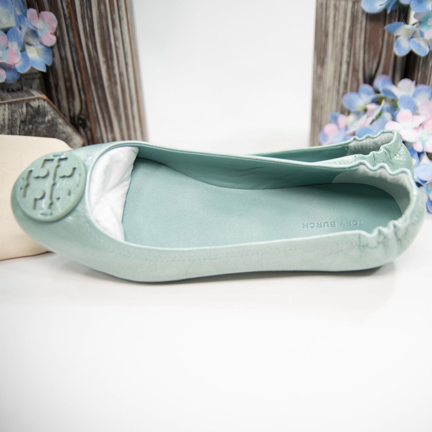 Tory Burch Audrey Blue Crinkle Leather Minnie Travel Ballet Flats 8 NIB