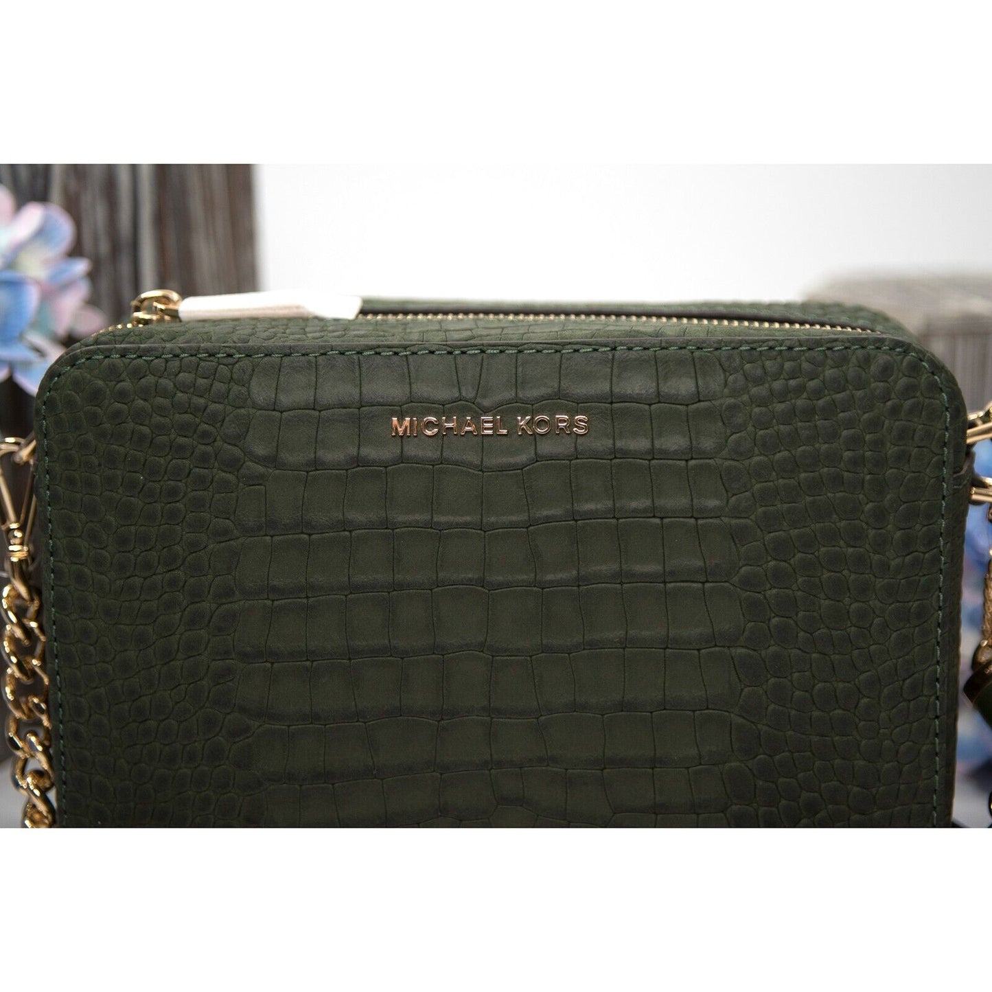 Michael Kors Amazon Green Croc Leather Jet Set Medium Camera Crossbody Bag NWT