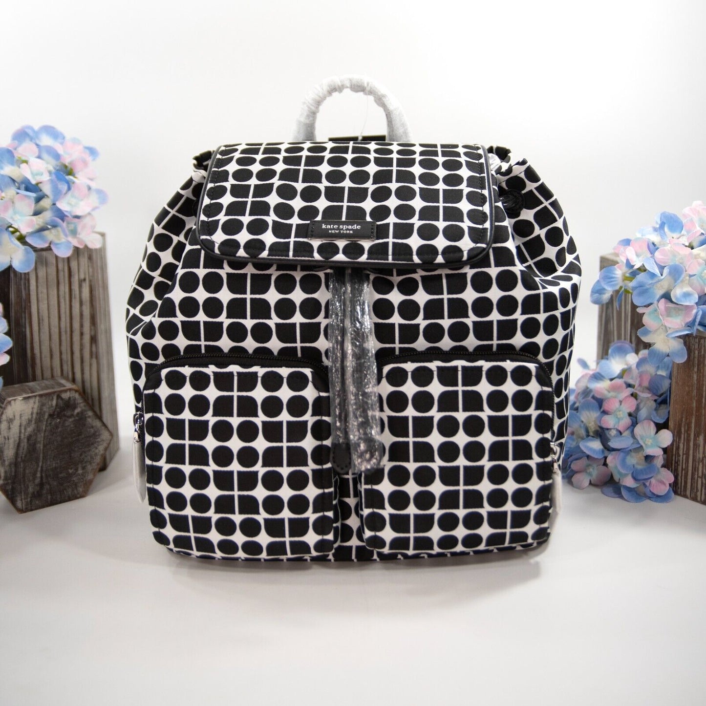 Kate Spade Noel Black White Nylon Jacquard Drawstring Large Backpack Bag NWT