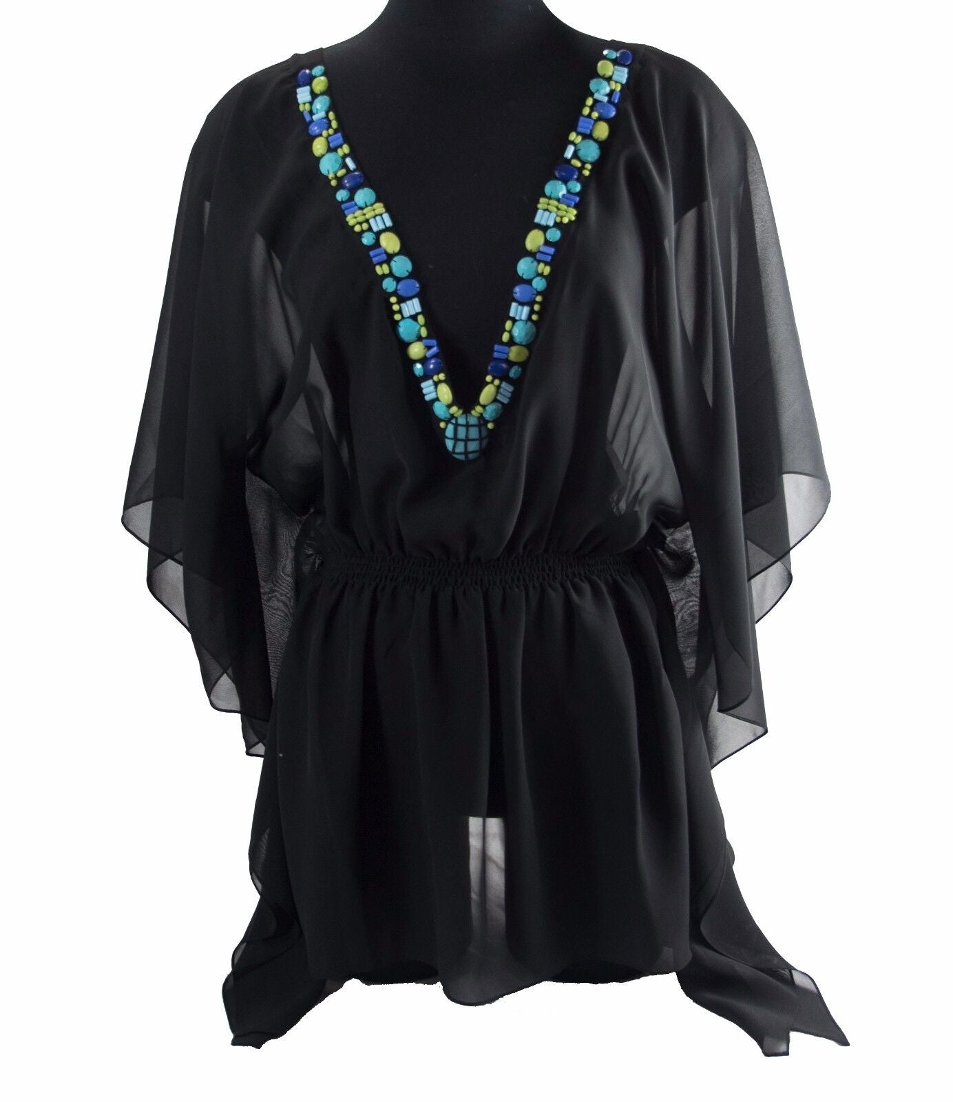 Reneta J Black Chiffon Plunge Beaded Elastic Shark Bit Hem Blouse XL NWT