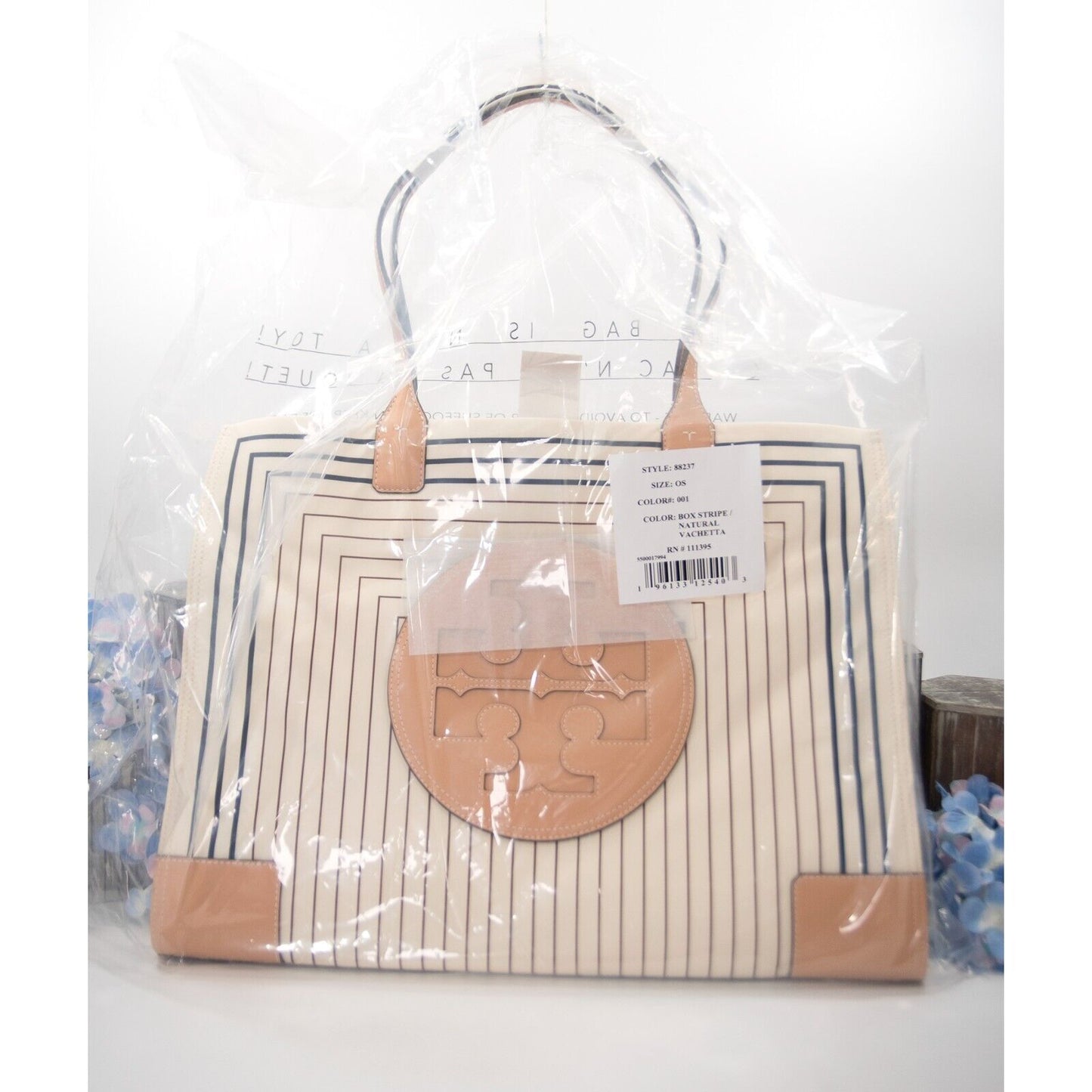 Tory Burch Ella Box Stripe Print Nylon Natural Leather Large Tote Bag NWT