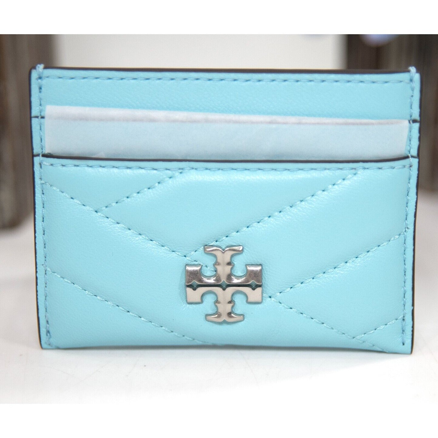 Tory Burch Light Celeste Leather Kira Quilted Logo Card Case Mini Wallet NWT