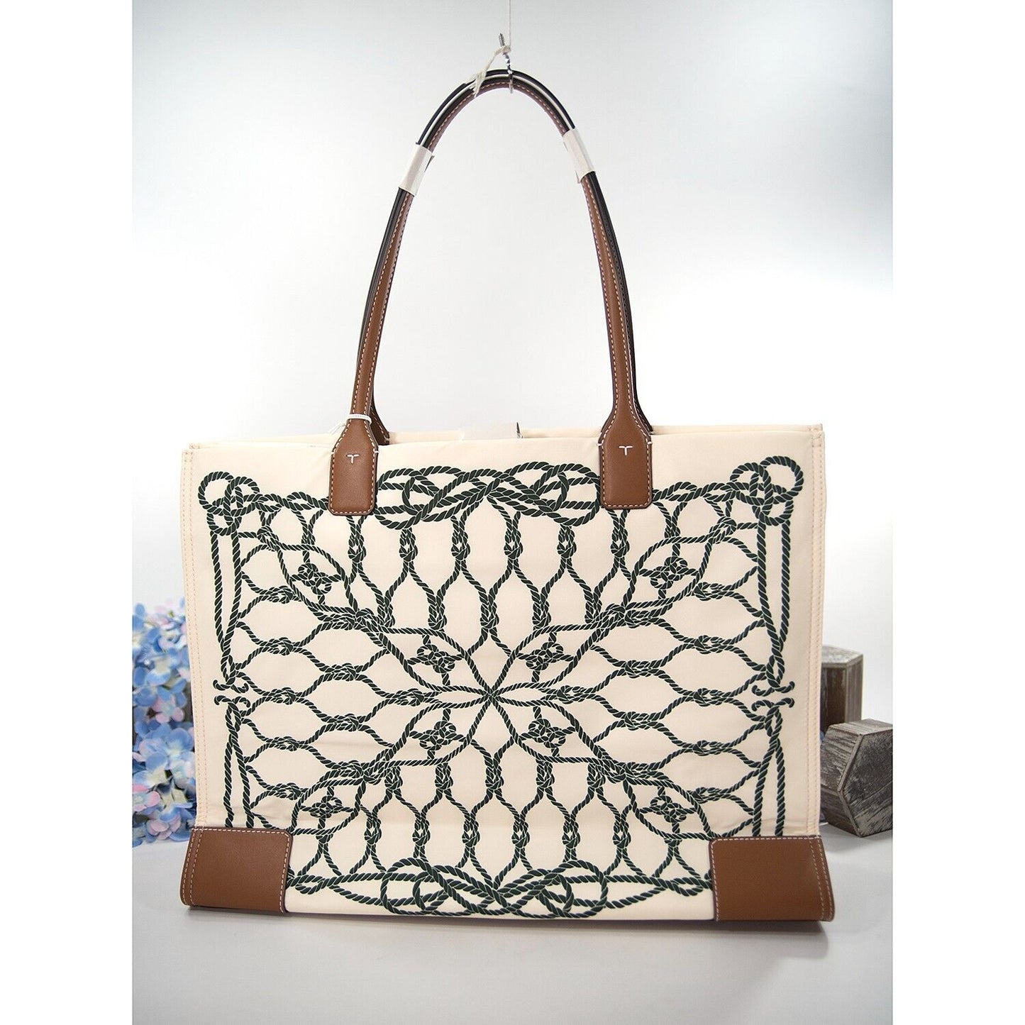 Tory Burch Ella Ivory Abstract Rope Print Nylon Leather Large Tote Bag NWT