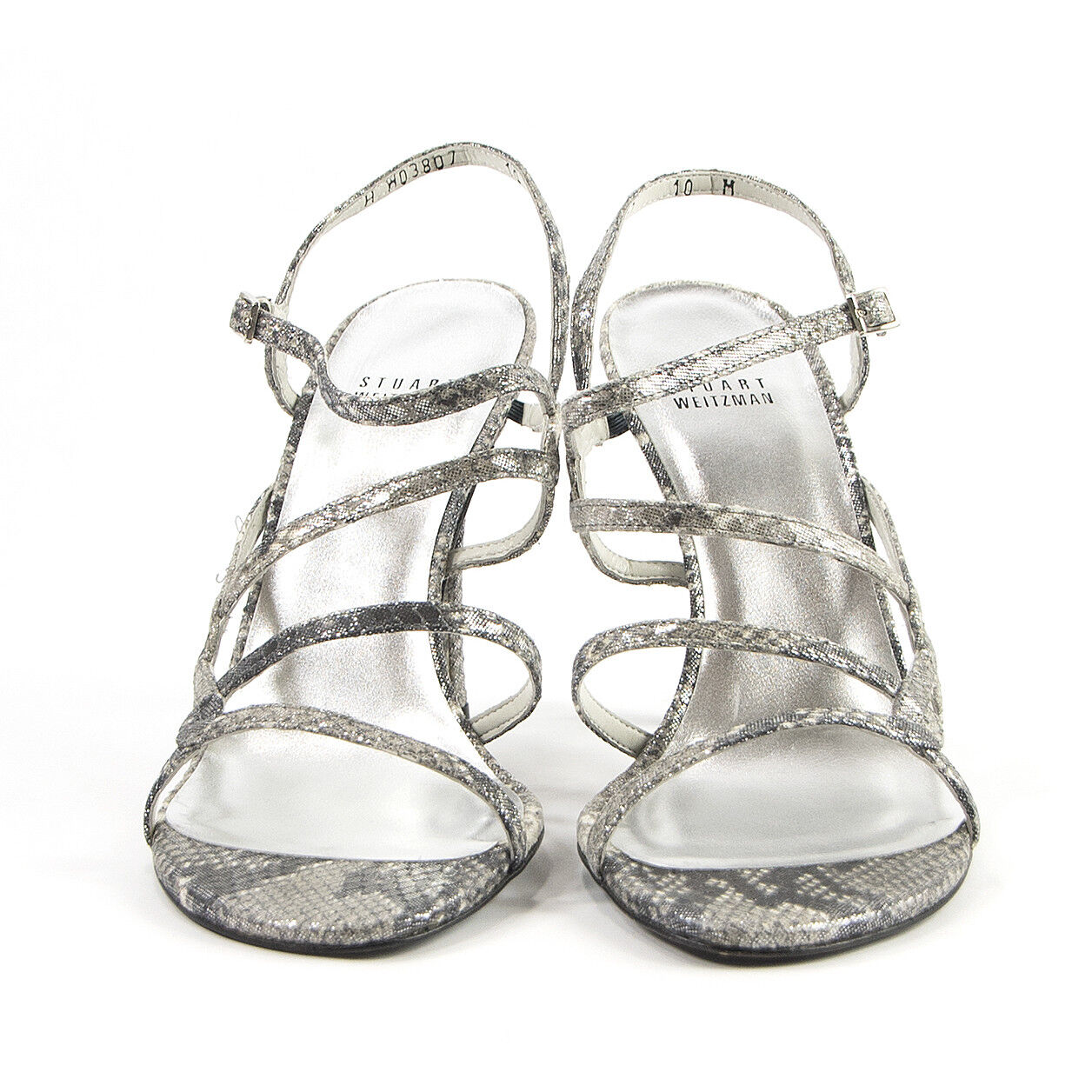 Stuart Weitzman Cosacrobat Silver Cosmic Serpent Leather Strappy Heels 10 NIB