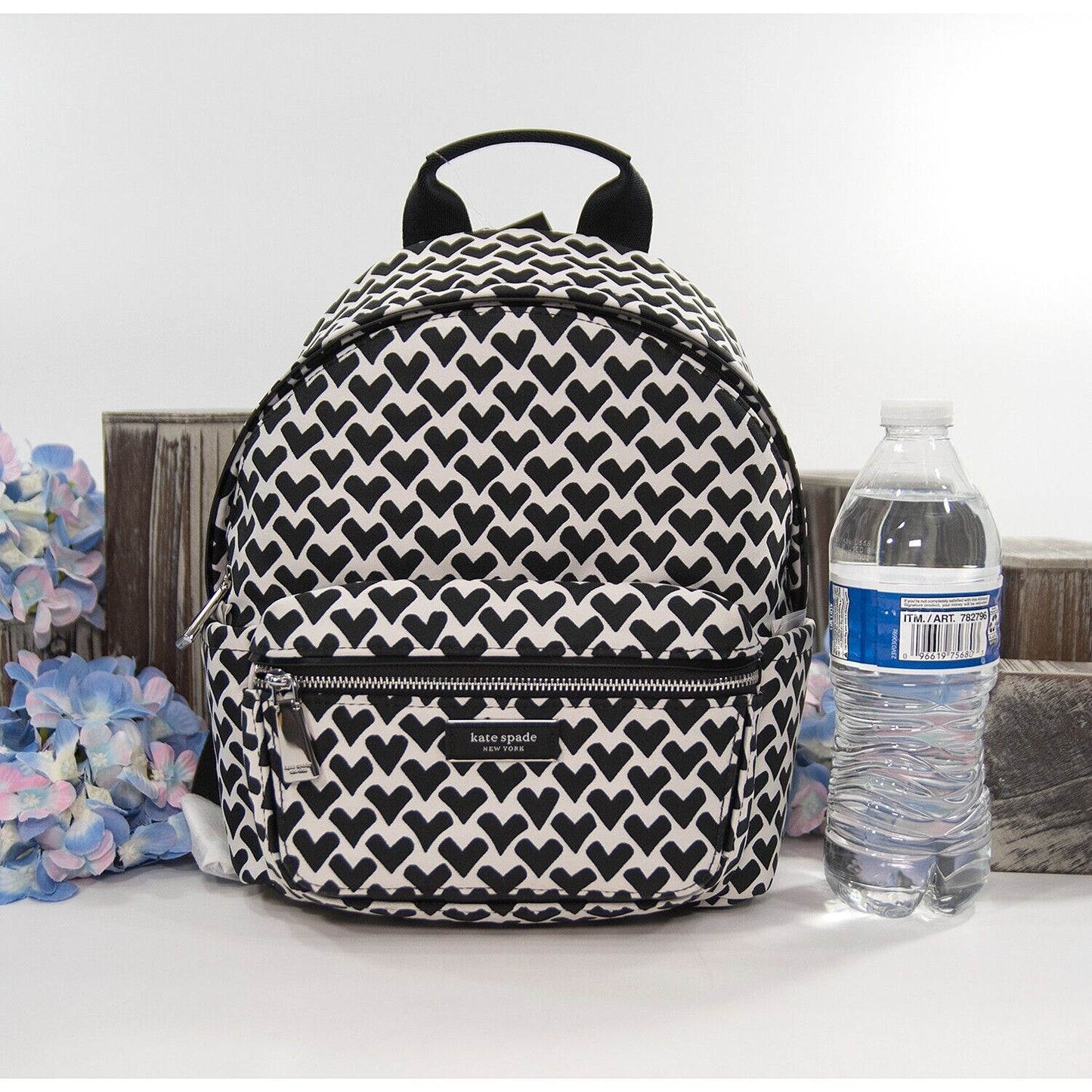 Kate Spade Sam Icon Black White Heart Nylon Jacquard Small Backpack Bag NWT