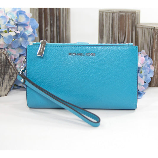 Michael Kors Santorini Blue Leather Adele Logo Double Zip Phone Wristlet NWT