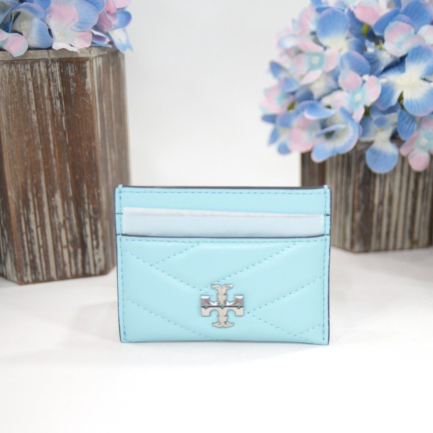 Tory Burch Light Celeste Leather Kira Quilted Logo Card Case Mini Wallet NWT