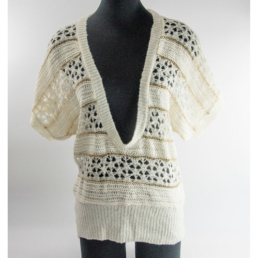 Desigual Wool V Neck Metallic Gold Cream Open Knit Plunge Front Sweater L NWOT