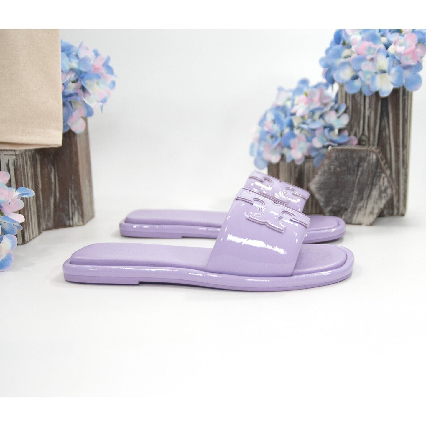 Tory Burch Lavender Cloud Patent Leather Double T Padded Sport Slide Sz 9 NIB