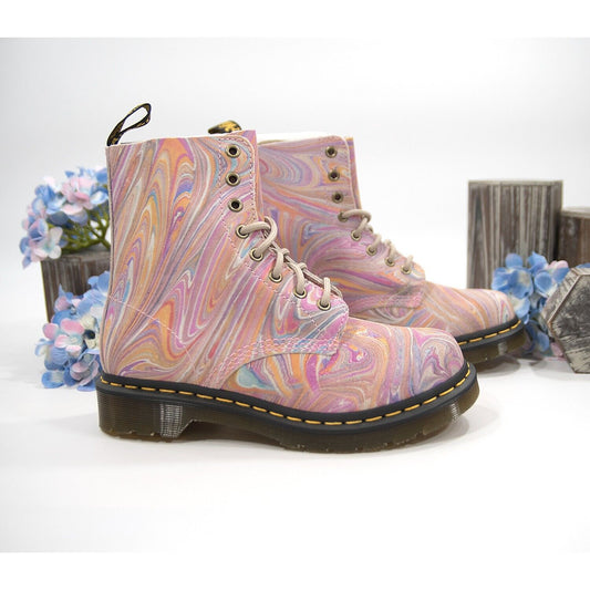 Dr. Martens 1460 Pascal Marbled Pink Orange Suede Lace Up Boots Size 7 NIB